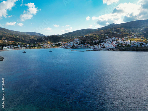 Batsi of Andros aerial picture as seen on a beautiful day, Cyclades, Greece