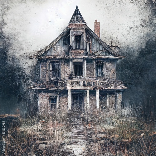 Fotografiet Spooky illustration of a haunted house surrounded by arid vegetation