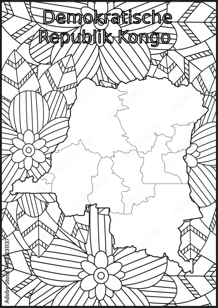 Fototapeta premium Schwarze und weiße Blume mit der Landkarte Demokratische Republik Kongo in der Mitte Muster für Erwachsene Färbung Buch. Doodle floral Zeichnung. Kunsttherapie Färbung Seite.