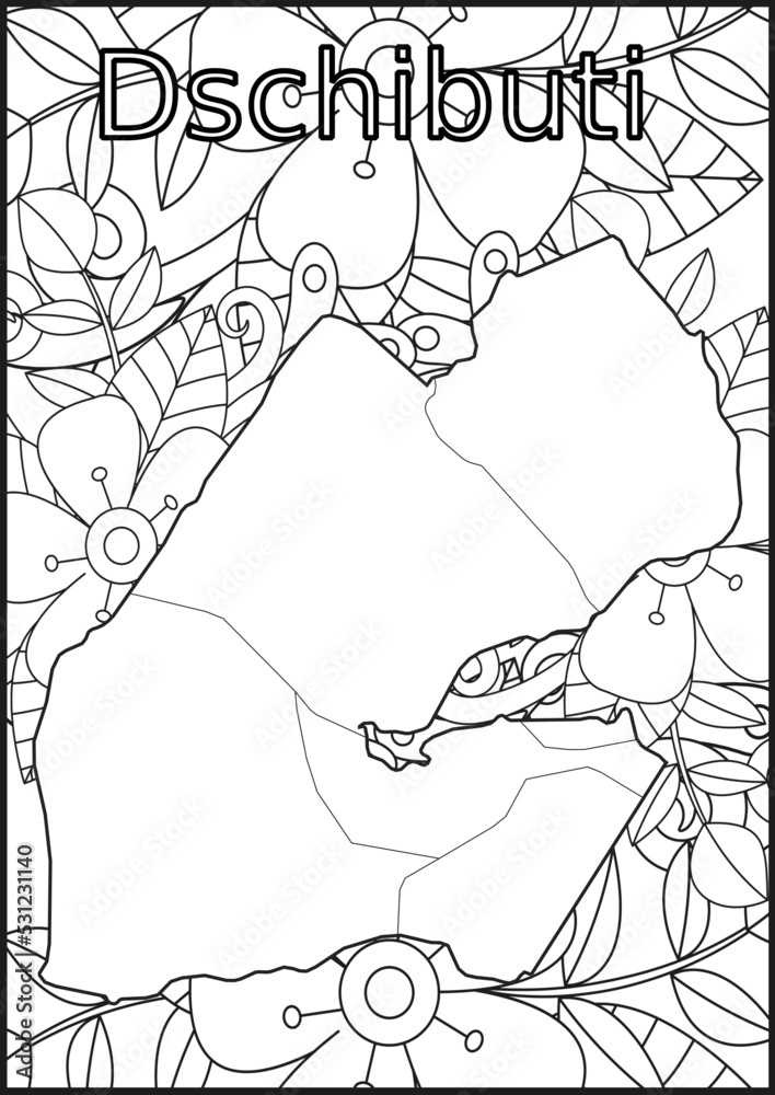 Obraz premium Schwarze und weiße Blume mit der Landkarte Dschibuti in der Mitte Muster für Erwachsene Färbung Buch. Doodle floral Zeichnung. Kunsttherapie Färbung Seite.