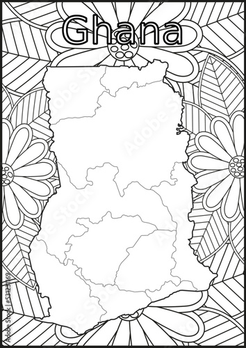 Schwarze und weiße Blume mit der Landkarte Ghana in der Mitte Muster für Erwachsene Färbung Buch. Doodle floral Zeichnung. Kunsttherapie Färbung Seite.
