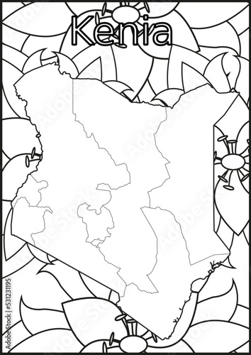 Schwarze und weiße Blume mit der Landkarte Kenia in der Mitte Muster für Erwachsene Färbung Buch. Doodle floral Zeichnung. Kunsttherapie Färbung Seite.