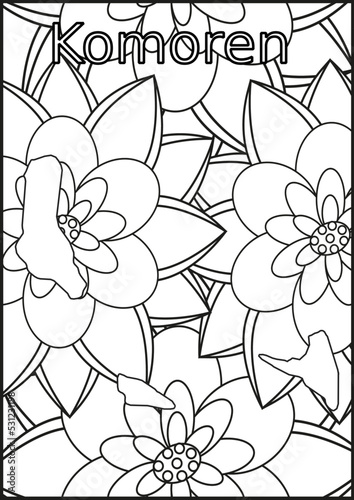Schwarze und weiße Blume mit der Landkarte Komoren in der Mitte Muster für Erwachsene Färbung Buch. Doodle floral Zeichnung. Kunsttherapie Färbung Seite.