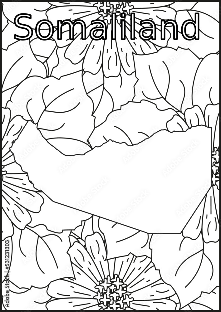 Schwarze und weiße Blume mit der Landkarte Somaliland in der Mitte Muster für Erwachsene Färbung Buch. Doodle floral Zeichnung. Kunsttherapie Färbung Seite.