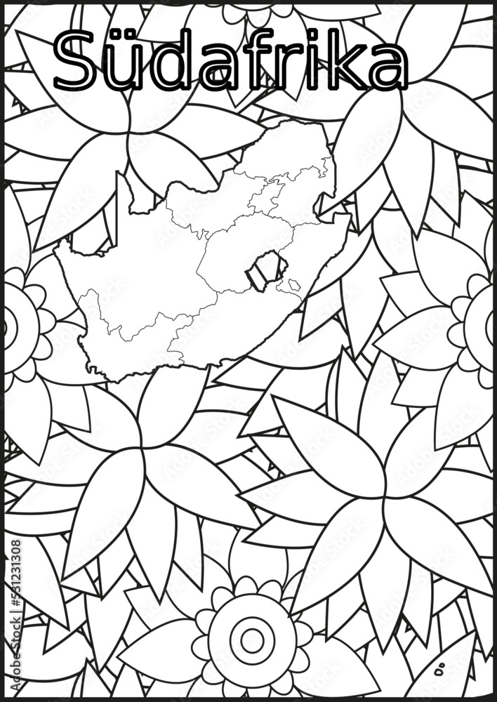 Obraz premium Schwarze und weiße Blume mit der Landkarte Südafrika in der Mitte Muster für Erwachsene Färbung Buch. Doodle floral Zeichnung. Kunsttherapie Färbung Seite.