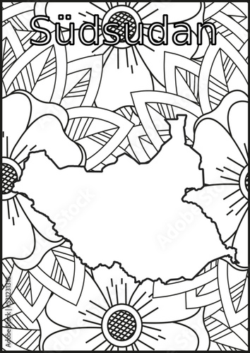 Schwarze und weiße Blume mit der Landkarte Südsudan in der Mitte Muster für Erwachsene Färbung Buch. Doodle floral Zeichnung. Kunsttherapie Färbung Seite.