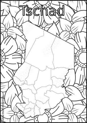 Schwarze und weiße Blume mit der Landkarte Tschad in der Mitte. Muster für Erwachsene Färbung Buch. Doodle floral Zeichnung. Kunsttherapie Färbung Seite.