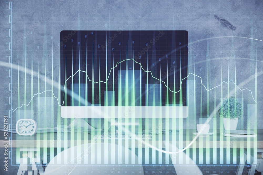 Multi exposure of financial graph drawing and office interior background. Concept of market analysis. Multi exposure of financial graph drawing and office interior background. Concept of market analysis.