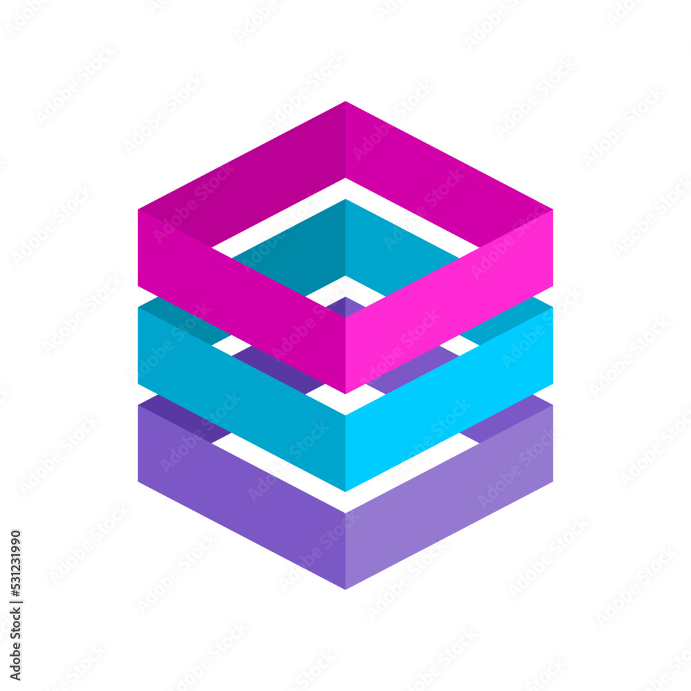 Modern colorful technology logo made of three elements. Stack of three 3D rectangular frames. Server rack concept. Cloud computing storage solutions. Packaging company. Vector illustration, clip art. Modern colorful technology logo made of three elements. Stack of three 3D rectangular frames. Server rack concept. Cloud computing storage solutions. Packaging company. Vector illustration, clip art.