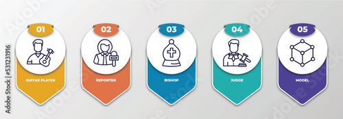 infographic template with thin line icons. infographic for professions & jobs concept. included guitar player, reporter, bishop, judge, model editable vector.