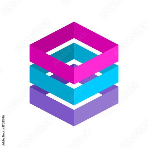 Modern colorful technology logo made of three elements. Stack of three 3D rectangular frames. Server rack concept. Cloud computing storage solutions. Packaging company. Vector illustration, clip art.