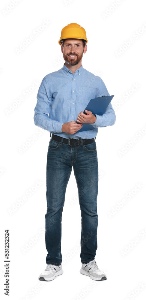 Professional engineer in hard hat with clipboard isolated on white Professional engineer in hard hat with clipboard isolated on white