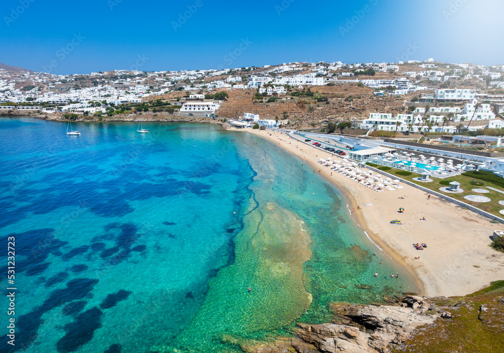 Panoramic view of the Megali Ammos beach next to Mykonos town, Cyclades, Greece