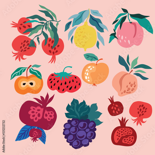 Set of fruits elements Doodle drawing  Strawberry. apple, peach, pear, pomegranate, lemon, plum, grapes   Vector  cute hand drawn illustration
