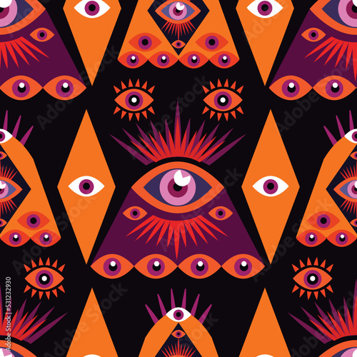 Awesome seamless pattern with esoteric eye different shapes, Magic, witchcraft, occult symbol, colorful line art. fabric, paper, textile. Vector Modern mythic graphic background illustration