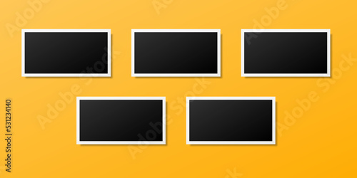 Set of five blank photo frames template with shadow effect isolated on yellow background. Fully customizable vector photo frames mockup design. Collage concept. Vector illustration.