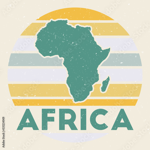 Africa logo. Sign with the map of continent and colored stripes, vector illustration. Can be used as insignia, logotype, label, sticker or badge of the Africa.