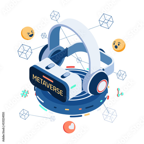 Isometric VR Virtual reality headset and Blockchain Network
