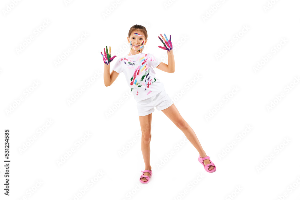 little child girl with hands painted in colorful paint little child girl with hands painted in colorful paint