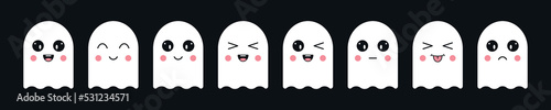 Set of cute baby ghosts with kawaii eyes. Different emotions and face expression.