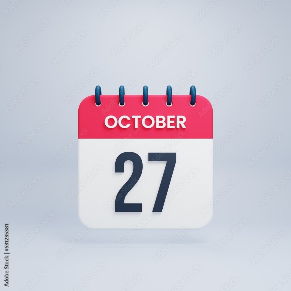 October Realistic Calendar Icon 3D Rendered October 27