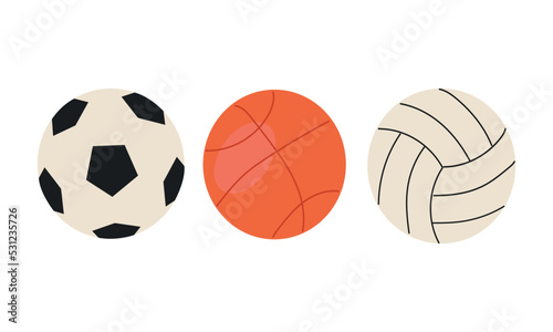 Football, volleyball, basketball balls. Flat vector illustration.