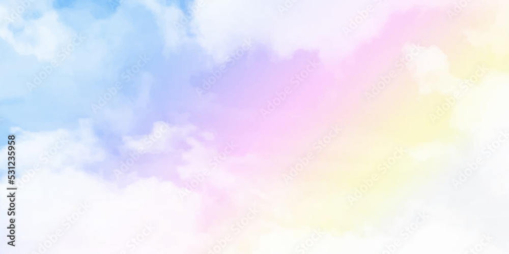 Colourful cloudy sky with fluffy clouds with pastel tone in blue, pink and orange in morning,Fantasy magical sunset sky on spring or summer, Vector illustration sweet background for four season banner
