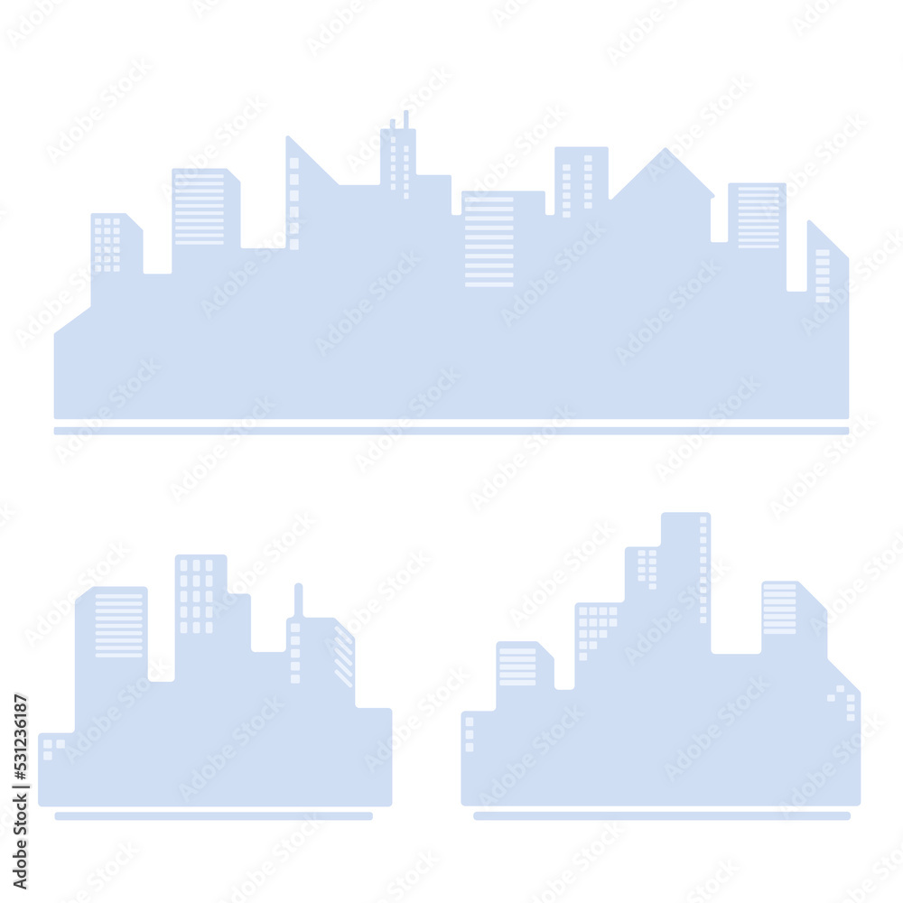 Cityscape silhouette vector illustration. Flat style, cartoon buildings blue color background. Skyscraper, modern architecture. Megapolis illustration, design template