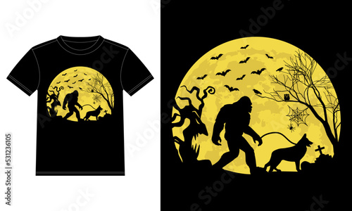 Bigfoot Walking German Shepherd Funny Halloween T-Shirt