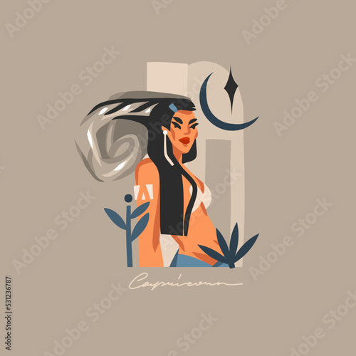 Hand drawn vector abstract graphic astrology illustration with modern, contemporary print template of boho zodiac sign Capricorn.Zodiac adult female character design.Fashion magic symbol concept.