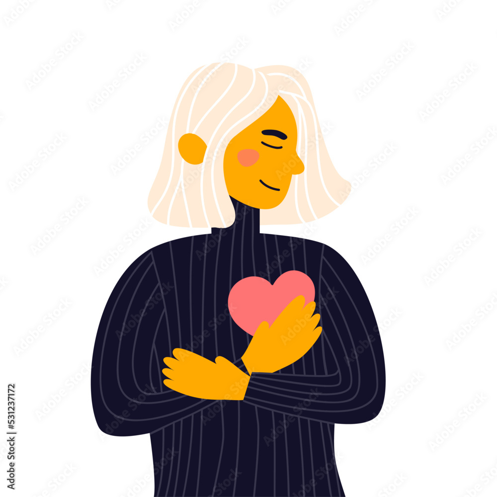 Care, humanity, selfhelp and peace concept. Woman with hand on kind heart, feeling self love, bliss, harmony, positive emotion. Colored flat vector illustration. Happy calm peaceful girl volunteer. Care, humanity, selfhelp and peace concept. Woman with hand on kind heart, feeling self love, bliss, harmony, positive emotion. Colored flat vector illustration. Happy calm peaceful girl volunteer.
