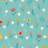 Cute ditsy daisies with herts all over print on green background. Random placed, vector flowers and stains seamless repeat pattern. Minimal print for apparel, surfaced, backgrounds etc.