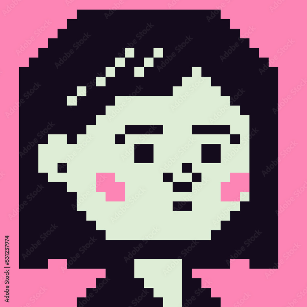 Young girl female character. Pixel art. Flat style. Avatar, portrait, profile picture. Design of 80s. Game assets. 8-bit. Isolated vector illustration.