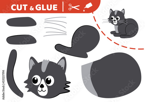 Cute black kitten. Cut and glue. Application work. Paper game. Vector