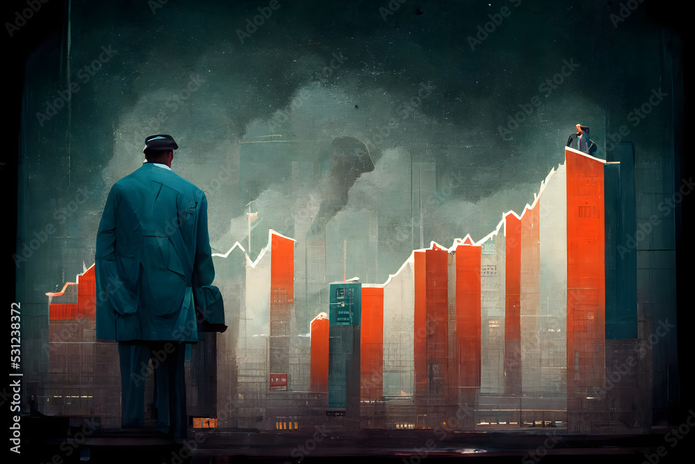 grotesque cartoon business man figure in front of bizarre styled charts ...