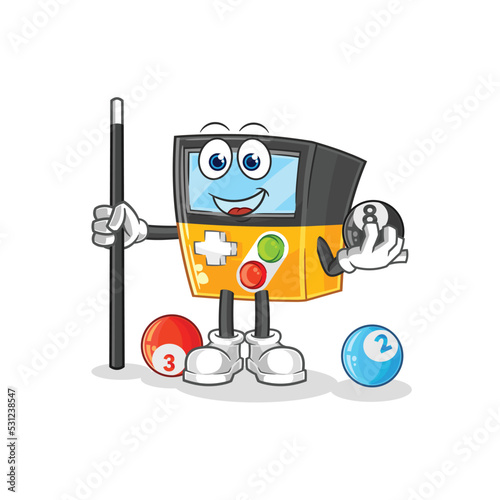 gameboy plays billiard character. cartoon mascot vector