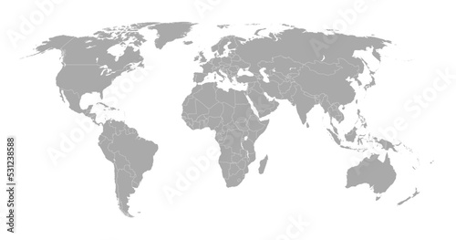 World map showing country borders. Gray world map isolated with border. Vector stock illustration.