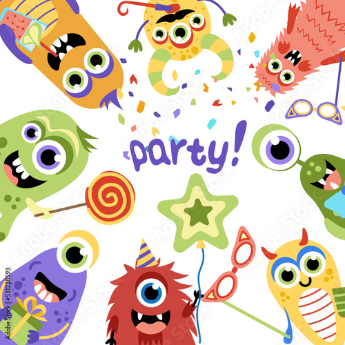 Monster party poster. Monsters with balloons, confetti, carnival mask, gift. Flat, cartoon, vector