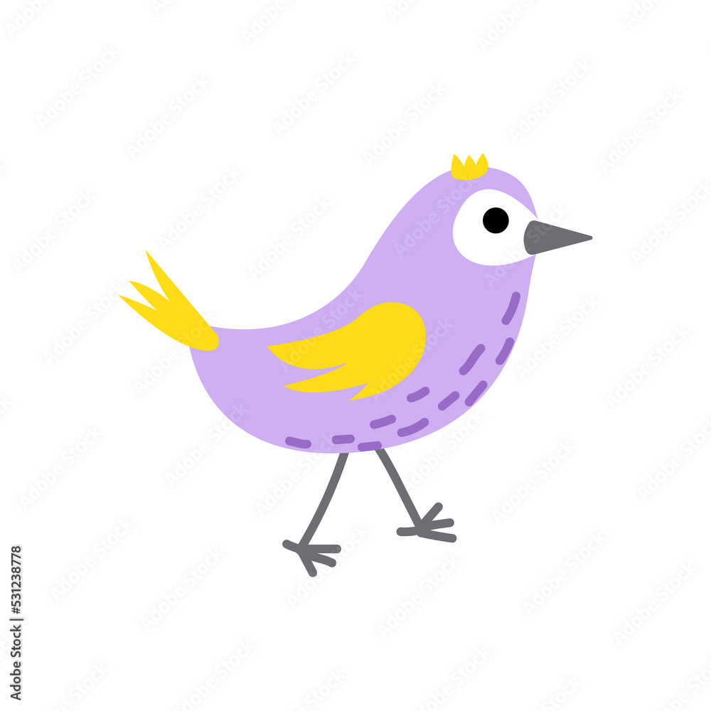 Fototapeta premium Little bird, nestling, chick. Violet bird, yellow wings. Flat, cartoon, isolated