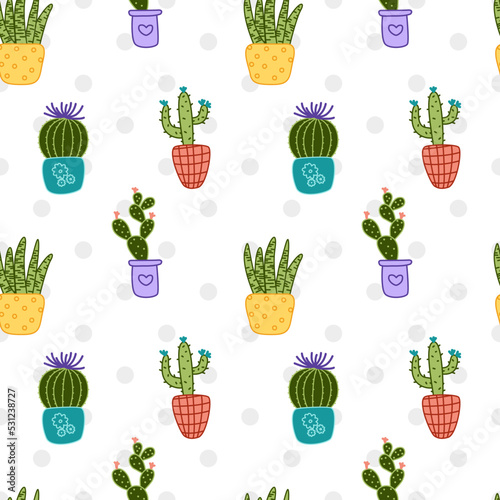 Cactus seamless pattern. Flowering cacti. Houseplant. Doodle, cartoon, vector