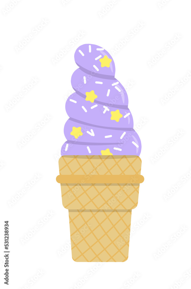 Purple ice cream. Waffle soft serve with white and yellow sprinkle. Flat, cartoon, vector Purple ice cream. Waffle soft serve with white and yellow sprinkle. Flat, cartoon, vector
