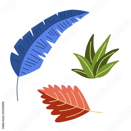 Tropical leaves in Jurassic Period. Flat, cartoon, vector