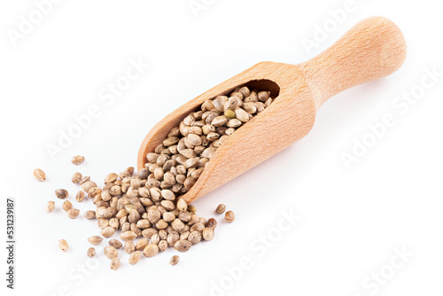 Wooden scoop with hemp seeds on white background.