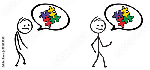 Cartoon stickman, stick figure man and and speed bubble or speech bubble. jigsaw puzzle pieces.  Autism spectrum disorder is a neurological and developmental disorder with social skills. Autism ribbon