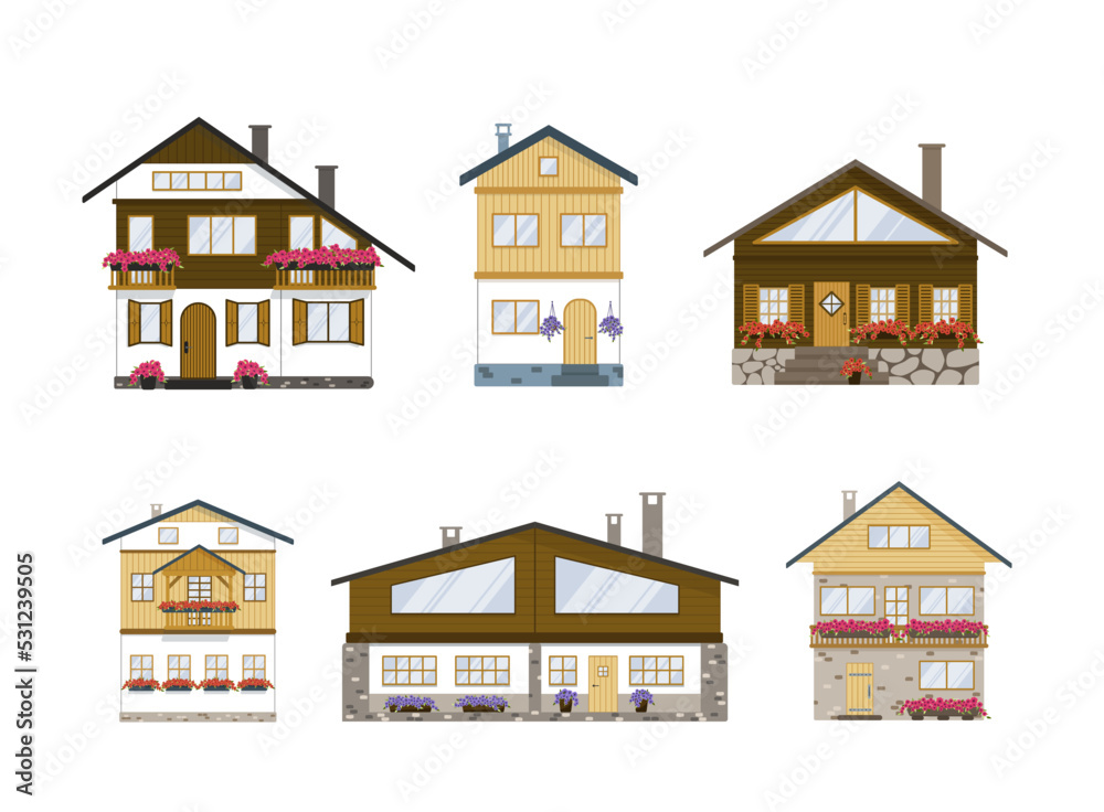 Set. Chalet. Swiss cottage. Alpine house. Flat, cartoon, vector