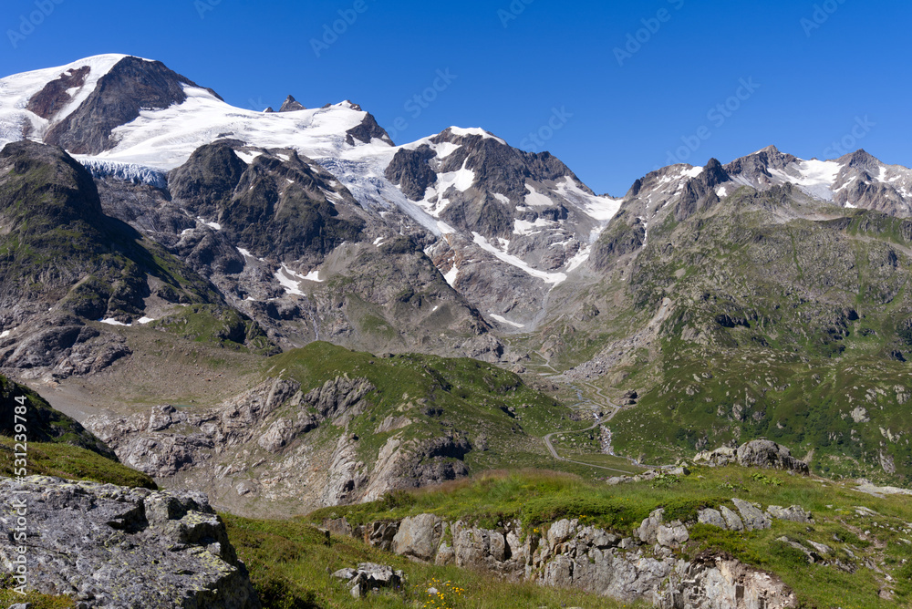 Beautiful scenic view of Stone Glacier at Swiss mountain pass Sustenpass on a sunny summer day. Photo taken July 13th, 2022, Susten Pass, Switzerland.