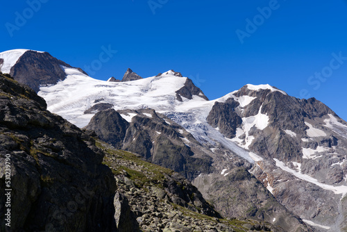 Beautiful scenic view of Stone Glacier at Swiss mountain pass Sustenpass on a sunny summer day. Photo taken July 13th, 2022, Susten Pass, Switzerland. © Michael Derrer Fuchs