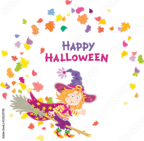Happy little Halloween witch with a big hat and a cloak with stars flying among falling autumn leaves on her magic broom, vector cartoon greeting card