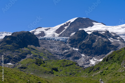 Beautiful scenic view of Stone Glacier at Swiss mountain pass Sustenpass on a sunny summer day. Photo taken July 13th, 2022, Susten Pass, Switzerland.