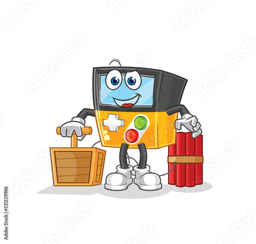 gameboy holding dynamite detonator. cartoon mascot vector